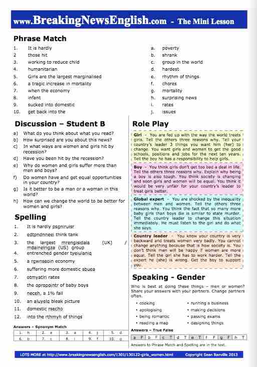 A 2-Page Mini-Lesson - Girls and Women