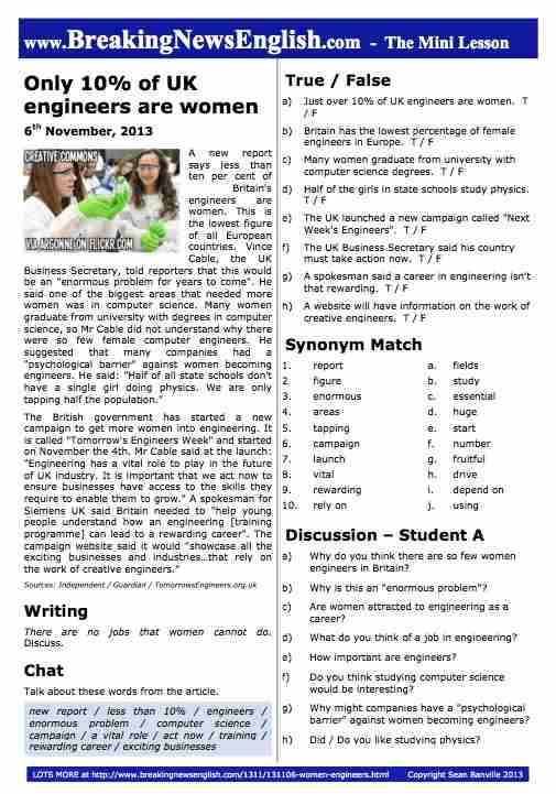 A 2-Page Mini-Lesson - Women Engineers