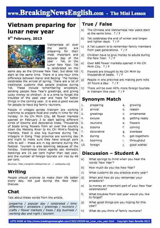 A 2-Page Mini-Lesson - Tet - Lunar New Year