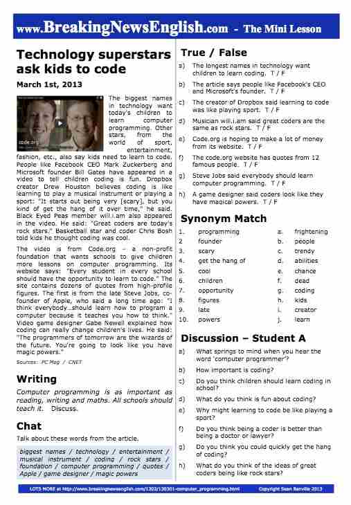Breaking News English 2Page MiniLesson Computer Programming