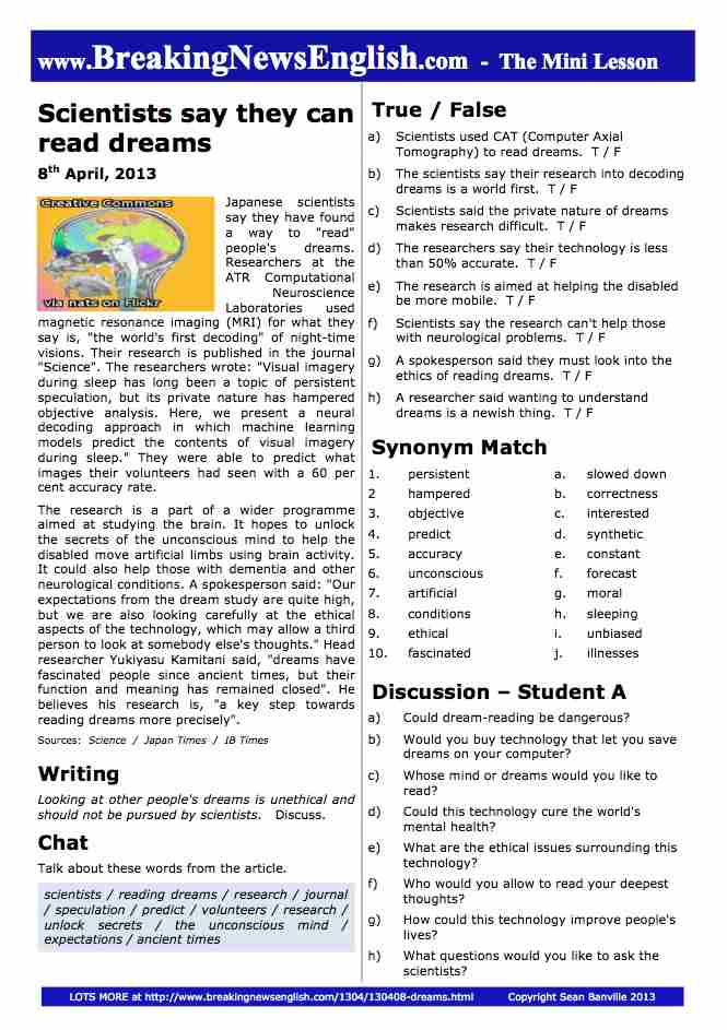 A 2-Page Mini-Lesson - Reading Dreams