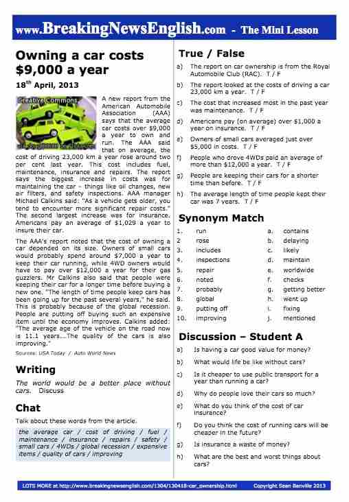 A 2-Page Mini-Lesson - Car Ownership