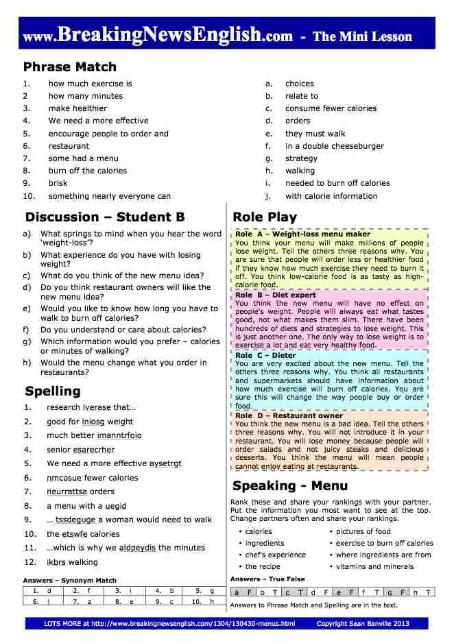A 2-Page Mini-Lesson - Weight-loss Menus