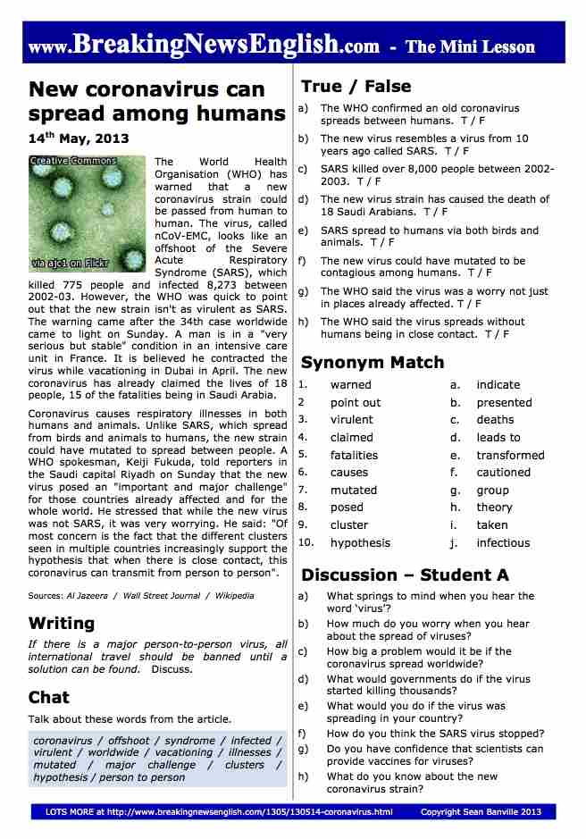 A 2-Page Mini-Lesson - Coronavirus