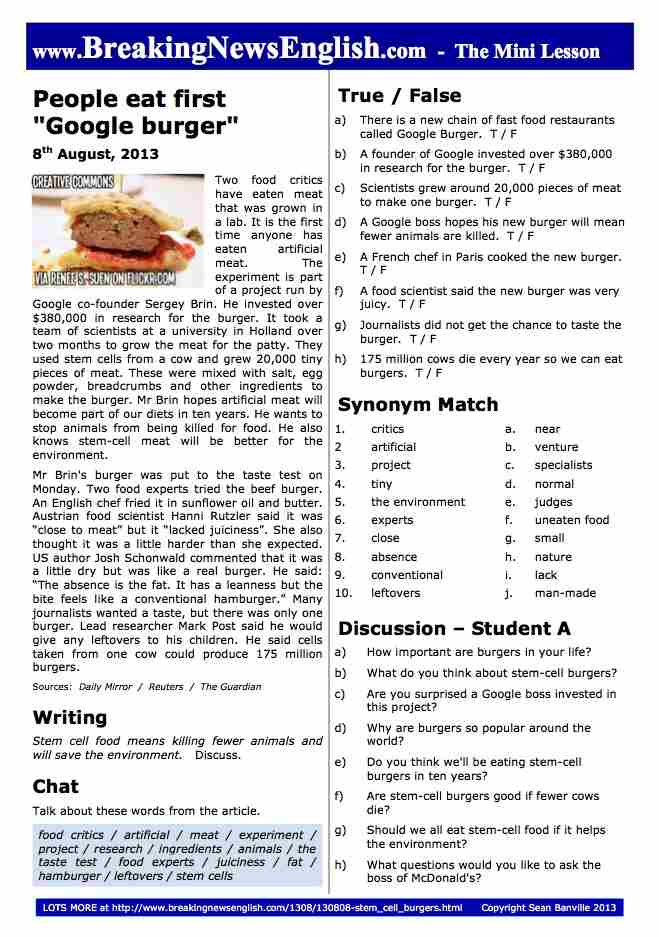 A 2-Page Mini-Lesson - Stem-Cell Burgers