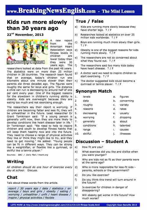 A 2-Page Mini-Lesson - Kids' Fitness Levels