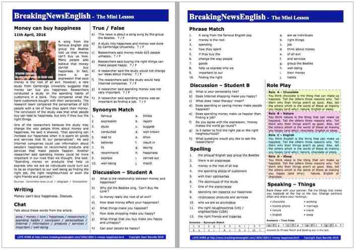 A 2-Page Mini-Lesson - Money and Happiness