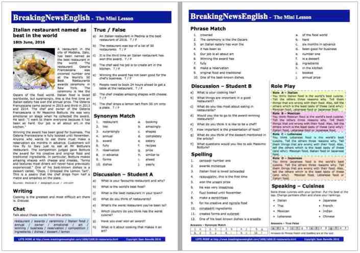 A 2-Page Mini-Lesson - Italian Restaurant