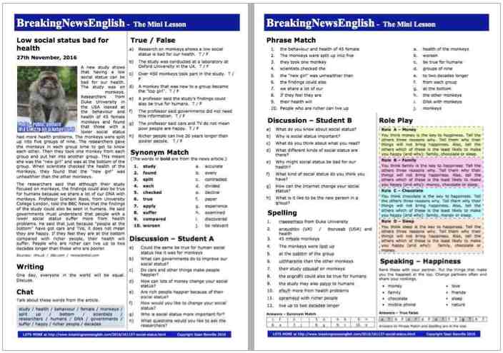 A 2-Page Mini-Lesson - Social Status