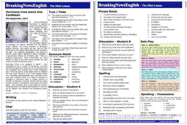 A 2-Page Mini-Lesson - Hurricane Irma