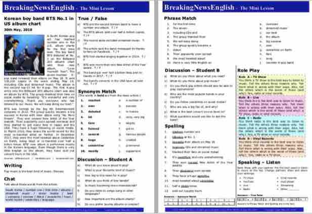 Breaking News English | 2-Page Mini-Lesson | BTS